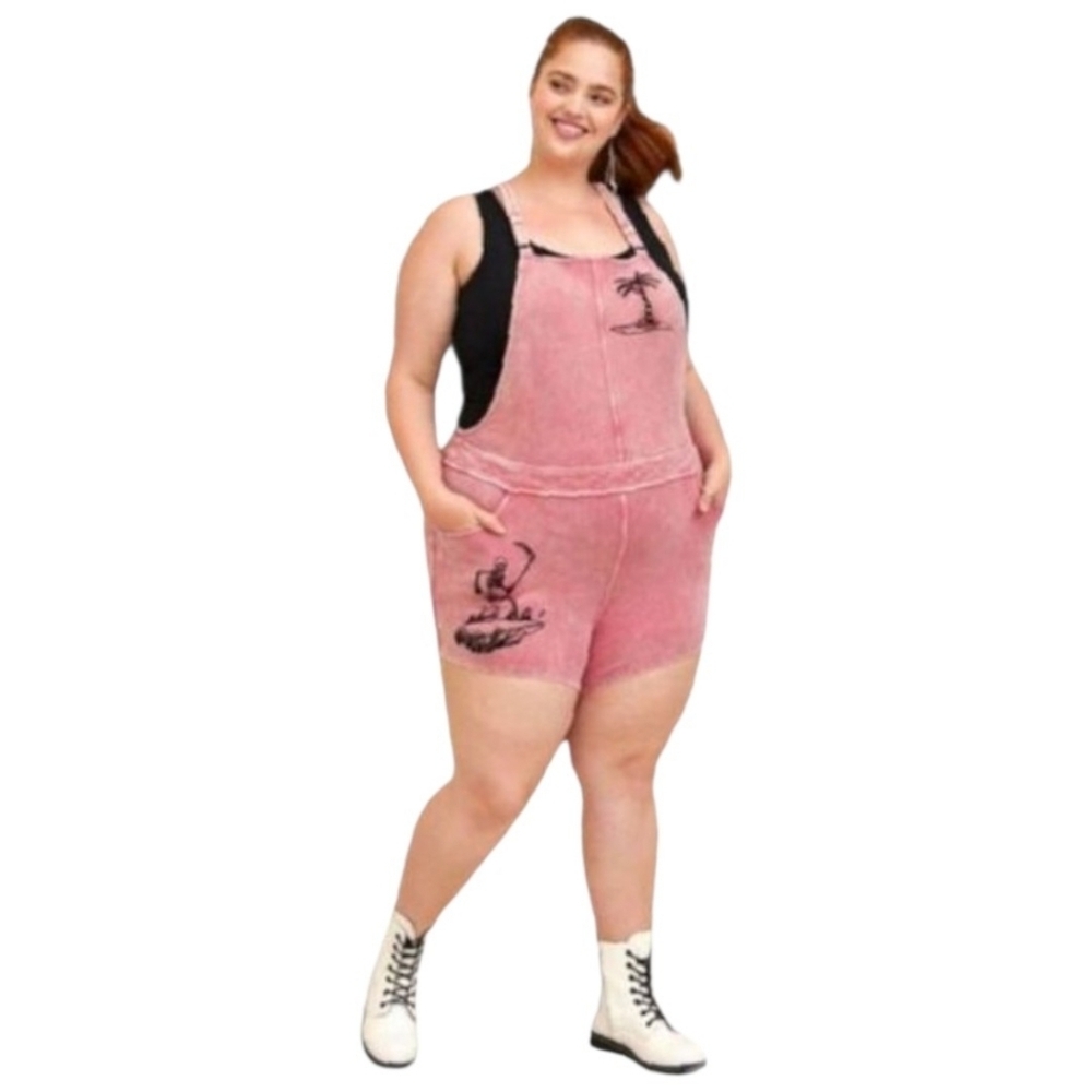 TORRID Plus Size Mauve Wash  Shortfall French Terry Surf Skulls Short Overalls